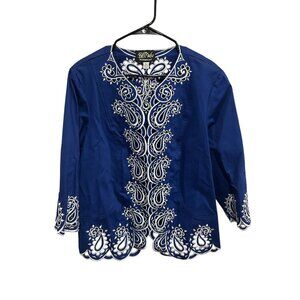 Bob Mackie Wearable Art Embroidered Paisley Cutout Jacket Blue White Sz XL Artsy